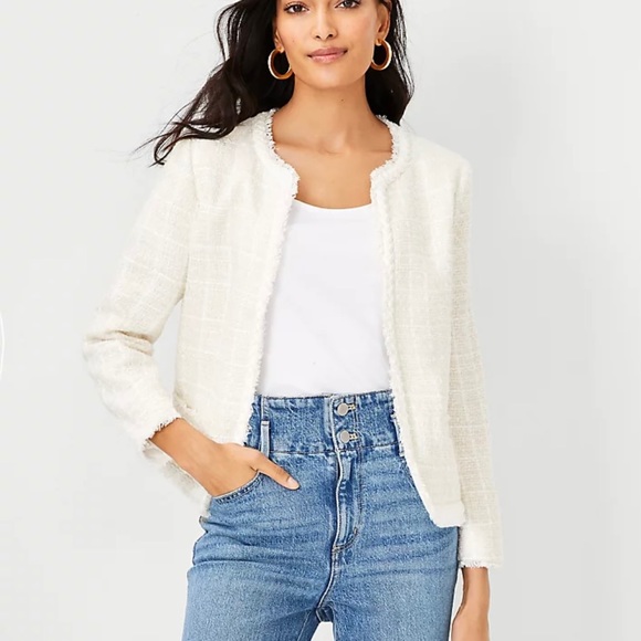 Ann Taylor Braided Trim White Tweed Jacket with eyelet closure. Size 4. NWOT. - Picture 3 of 10